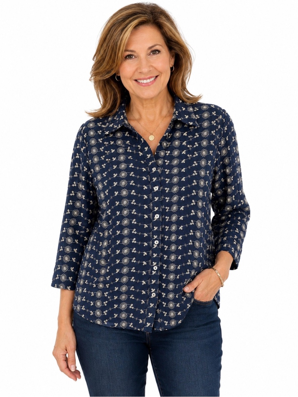 Womens Navy Patterned Button-Front Shirt S large but I feel it’s more medium